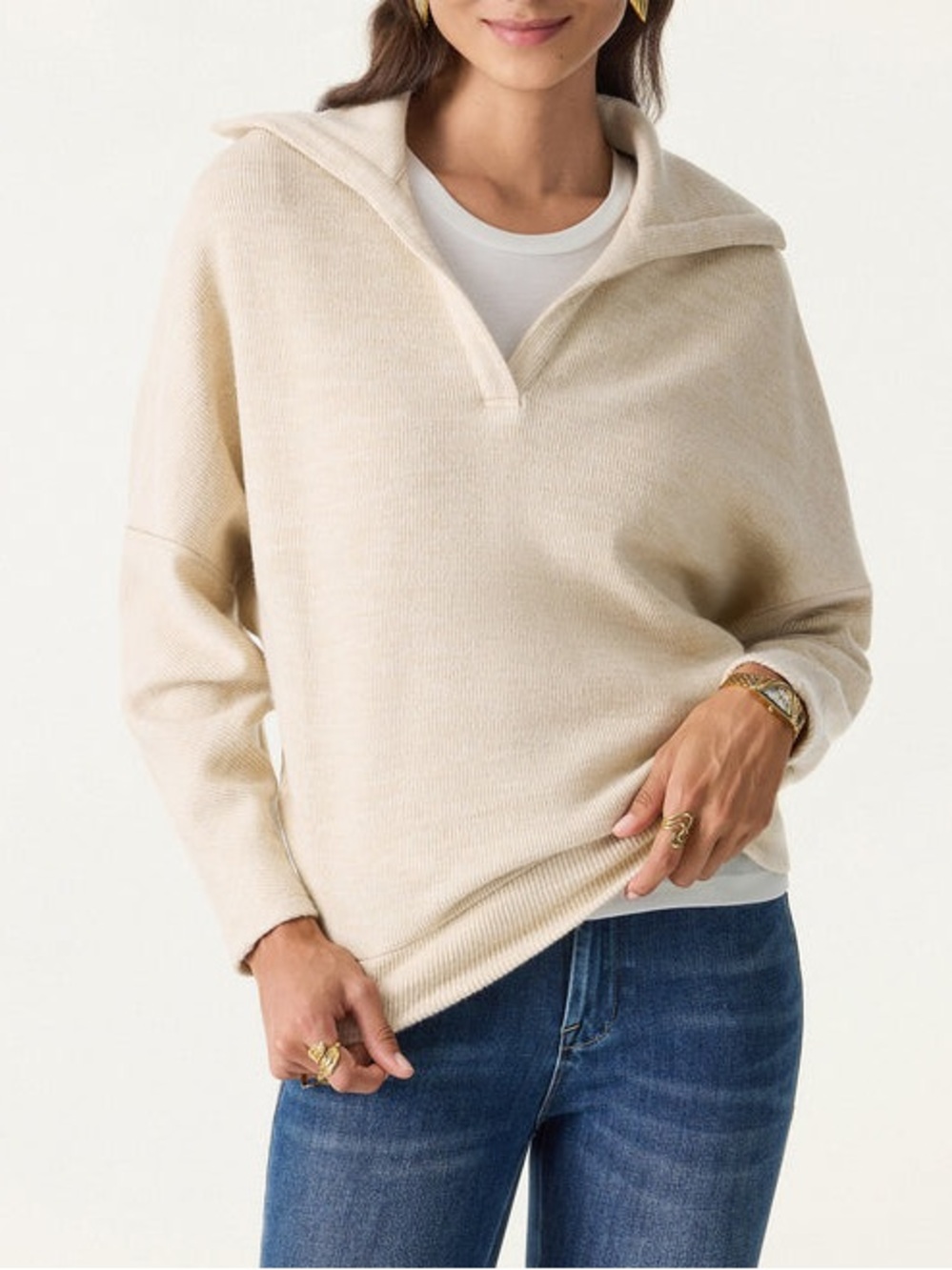 NWT OGL Cozy Collared V-Neck Batwing Sleeve Pullover Cream Rib Knit Sweater S